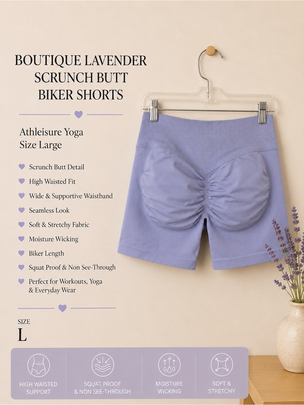 Boutique Lavender Scrunch Butt Biker Shorts Athleisure Yoga Size Large